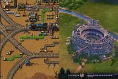 A combined image of gameplay from Factorio and Civilization 6